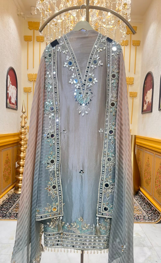 Gulraiza Banarasi Suit (Beige & Blue)