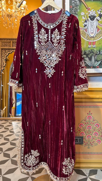 Shahnoor Velvet Slit Dress (Maroon)