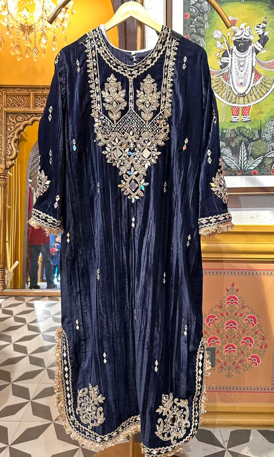 Shahnoor Velvet Slit Dress (Blue)