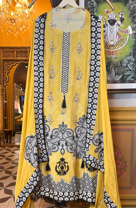 Aarvika Muslin Silk Suit (Mustard)