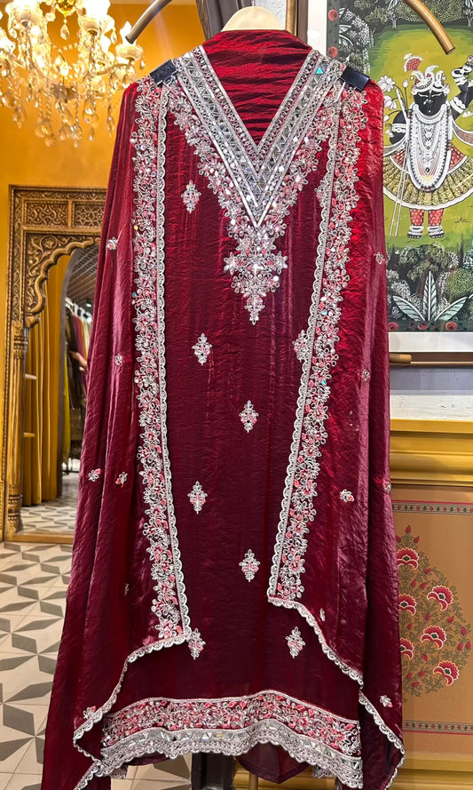 Zafera Tissue Organza Suit (Maroon)