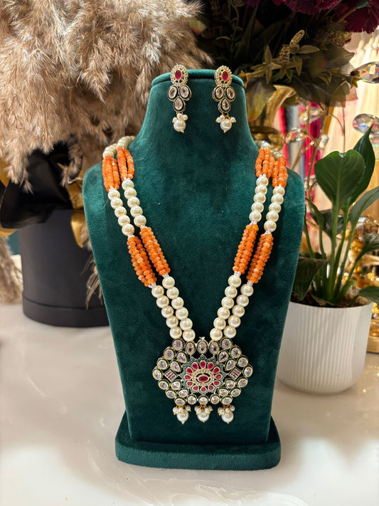 Aarizé Pearl Kundan Set (Orange & White)