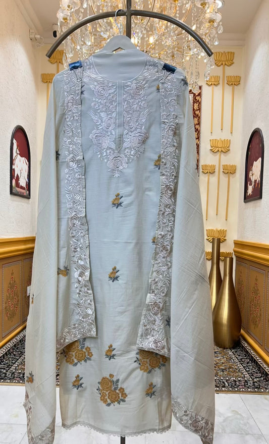 Nayra Resham Cotton Suit (Beige & Mustard)