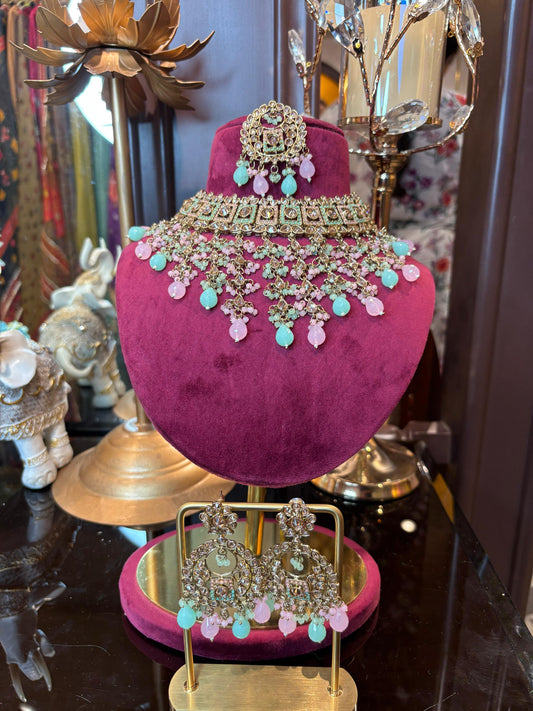 Nooré-Mehar Polki Choker Set (Pastel Green & Pink)