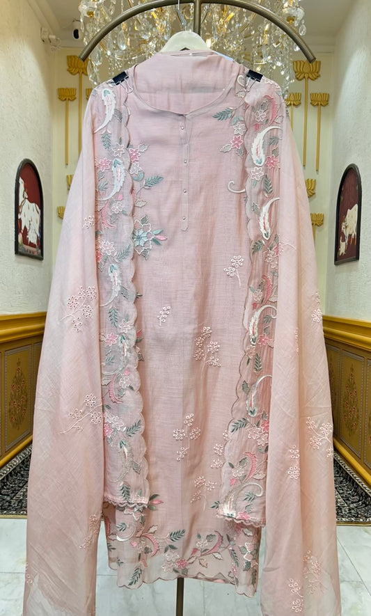 Husna Mul Embroidery Suit (Peach)