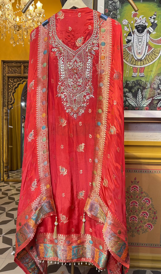 Tajalli Silk Organza Suit (Red)