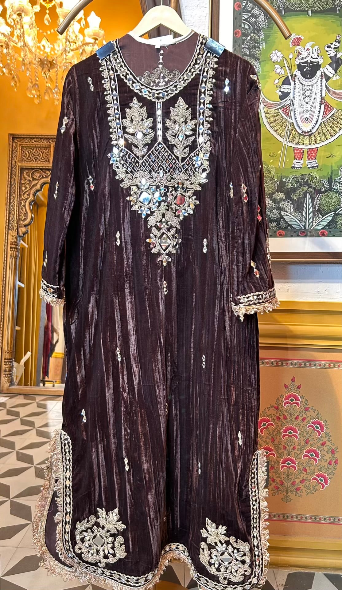 Shahnoor Velvet Slit Dress (Brown)