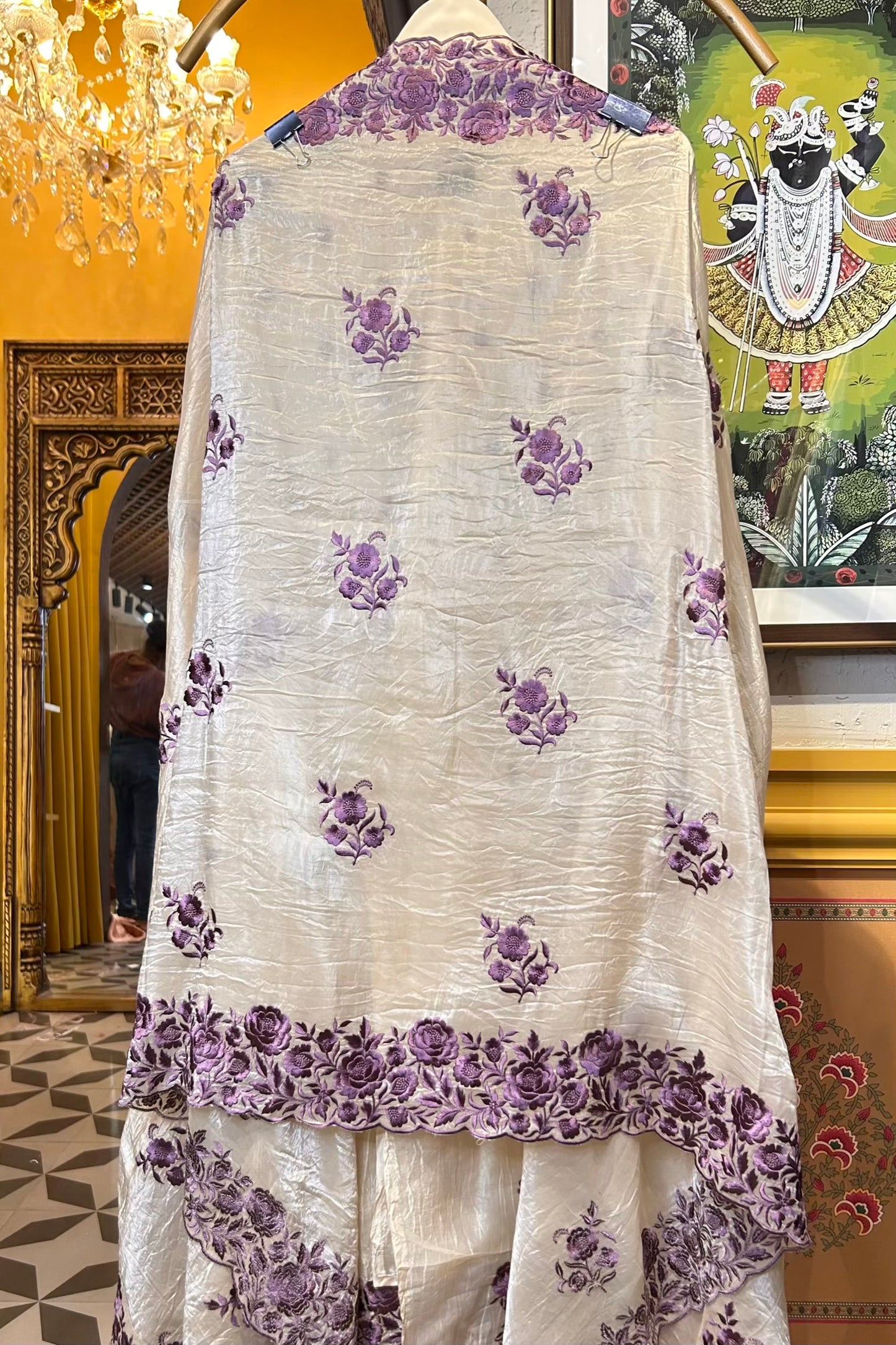 Gulzaib Crush Tissue Suit (Beige & Purple)