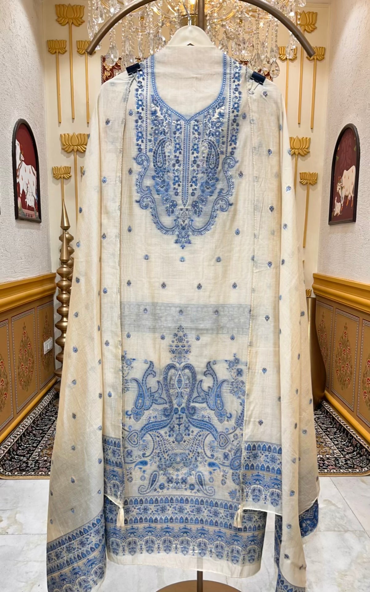 Sahiba Jamdani Weave Suit (Beige & Blue)