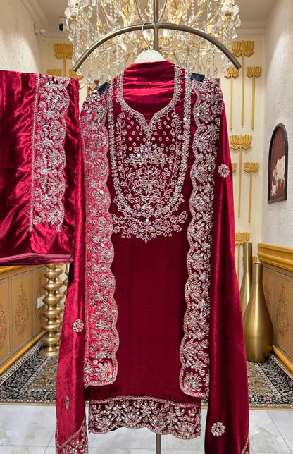 Ruhnaz Velvet Taj Suit (Red)