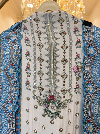 Averiya Silk Printed Suit (Ivory & Blue)