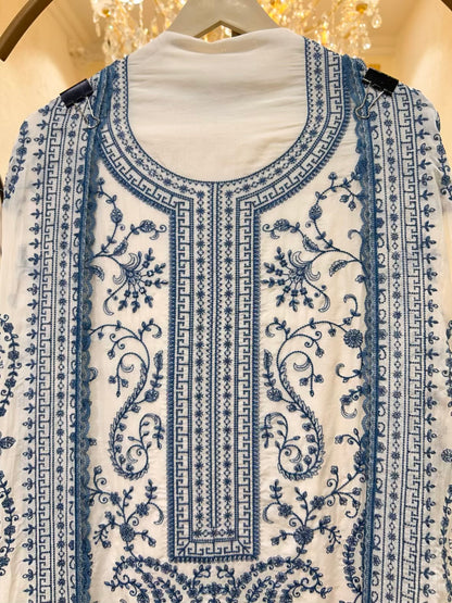Elara Chanderi Threadloom Suit (White & Grey)