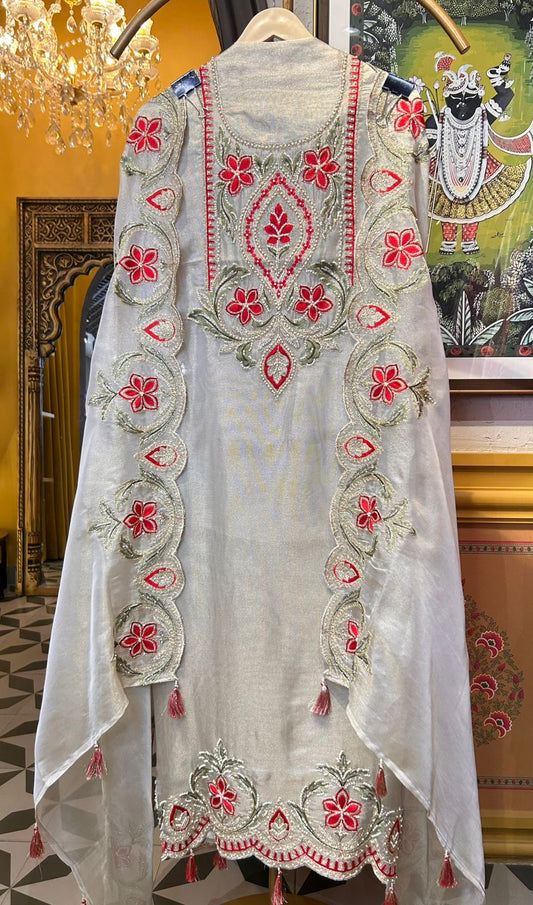 Zyra Organza Suit (Beige & Red)