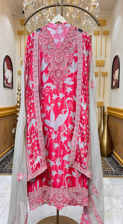 Mehruva Printed Silk Suit (Pink)