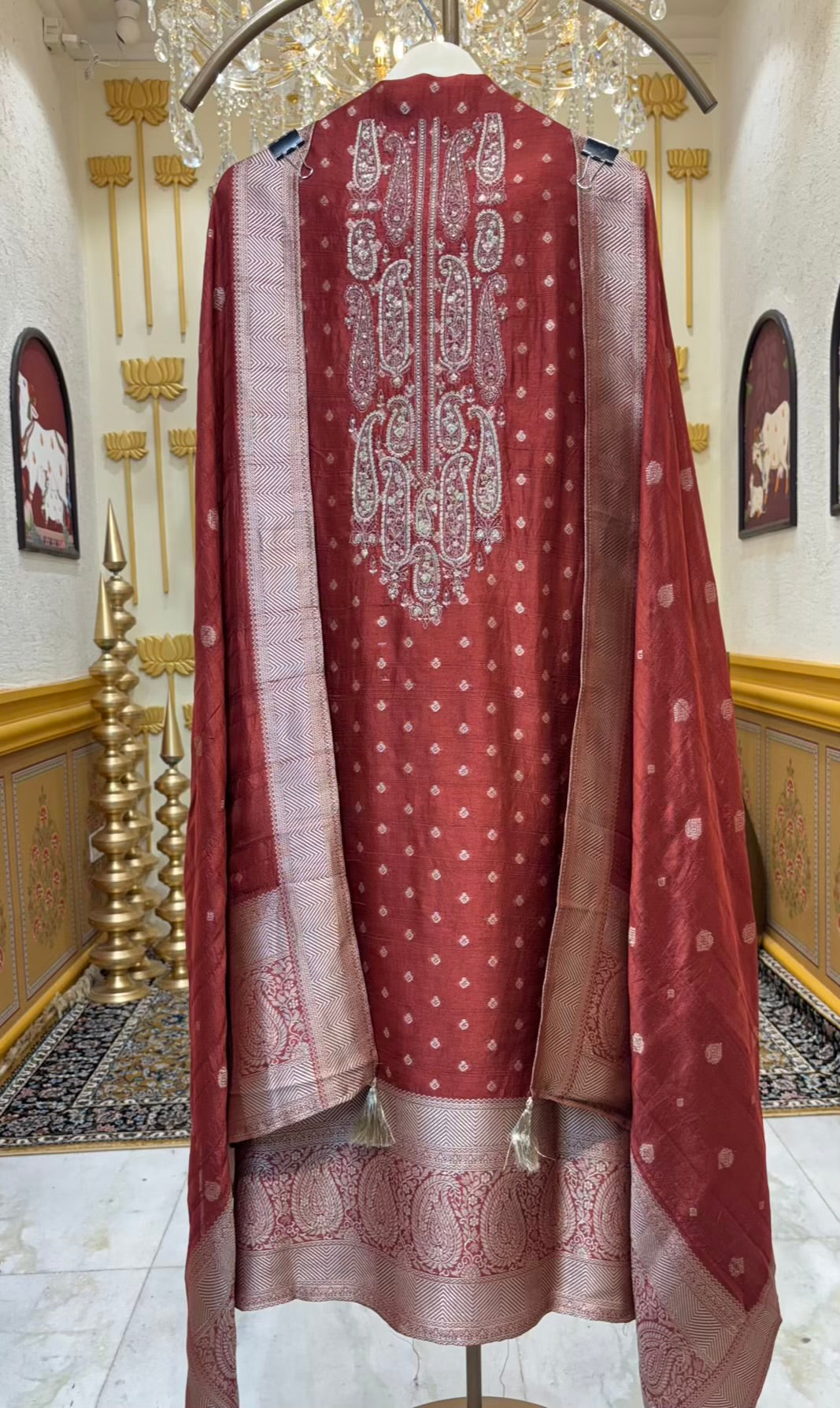 Sarvisha Tussar Banarasi Suit (Rust)