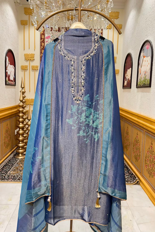 Elvaira Shimmer Naqsh Suit (Blue)
