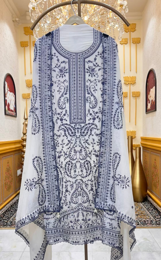 Elara Chanderi Threadloom Suit (White & Grey)