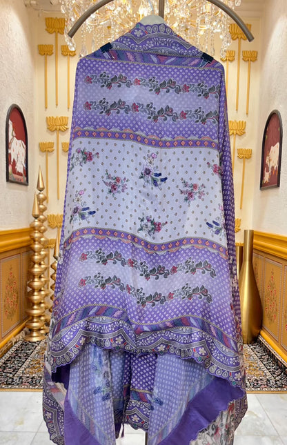 Averiya Silk Printed Suit (Ivory & Purple)