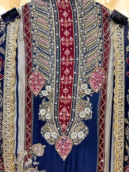 Nayra Silk Digital Printed Veil Suit (Navy Blue)