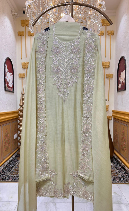 Aavira Mul Chanderi Suit (Pista Green)
