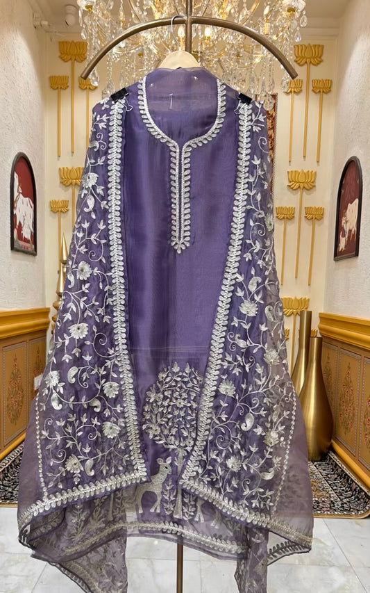 Mehraz Organza Embroidered Suit (Lavender)