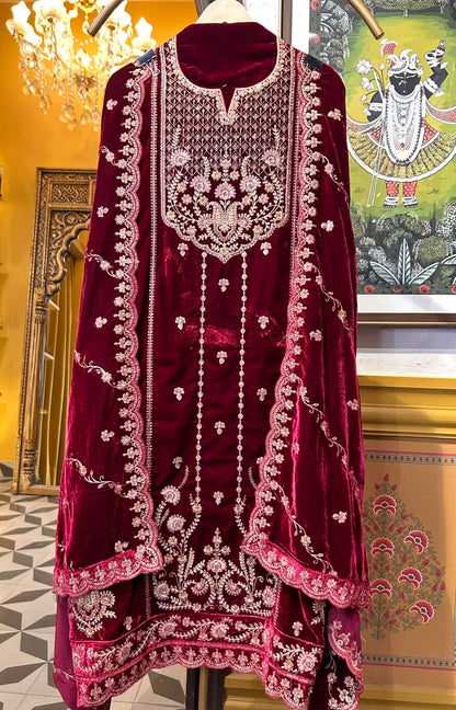 Feroza-e-Velvet Suit (Wine)