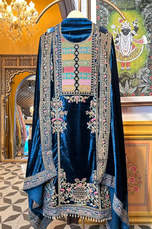 Ferozara Velvet Suit (Peacock Blue)