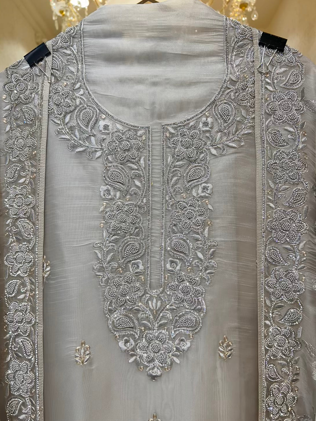 Mehrvani Organza Jewel Suit (Silver Grey)