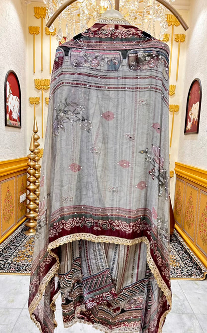 Nayra Silk Digital Printed Veil Suit (Wine)