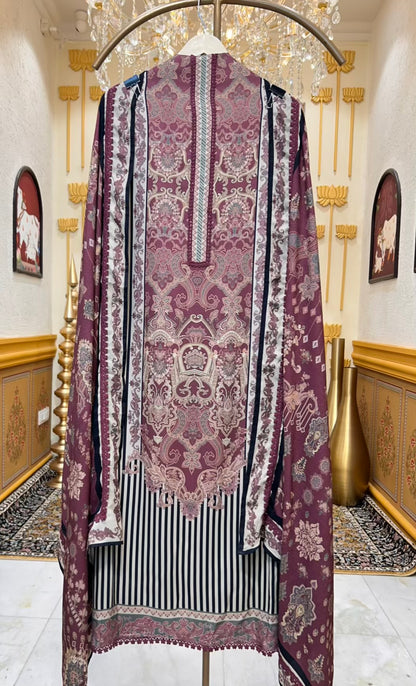 Ruhana Printed Pashmina Suit (Wine)