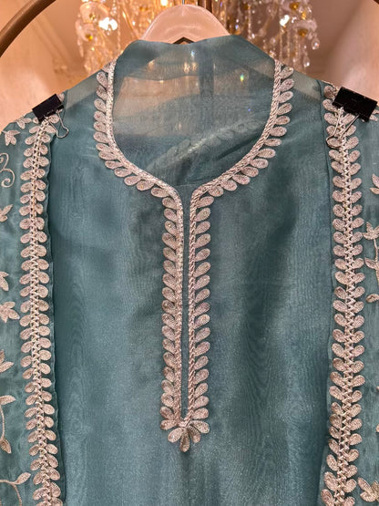 Mehraz Organza Embroidered Suit (Turquoise)