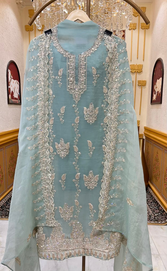 Aarifa Resham Veil Suit (Sea Green)