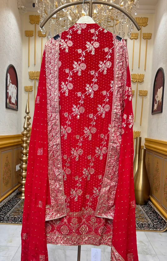 Ishira Banarasi Chinnon Suit (Red)