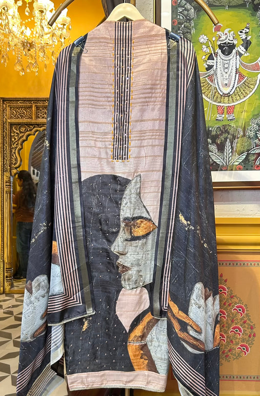Sifat Digital Printed Suit (Black & peach)
