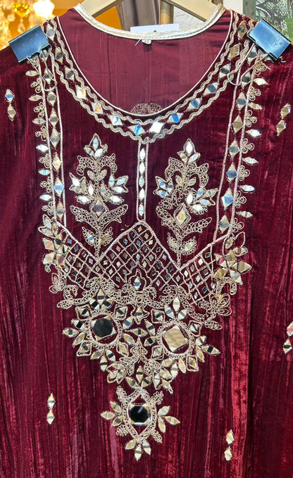 Shahnoor Velvet Slit Dress (Maroon)