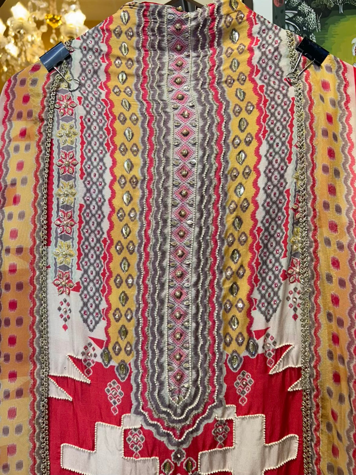 Zarmina Silk Suit (Ivory & Red)