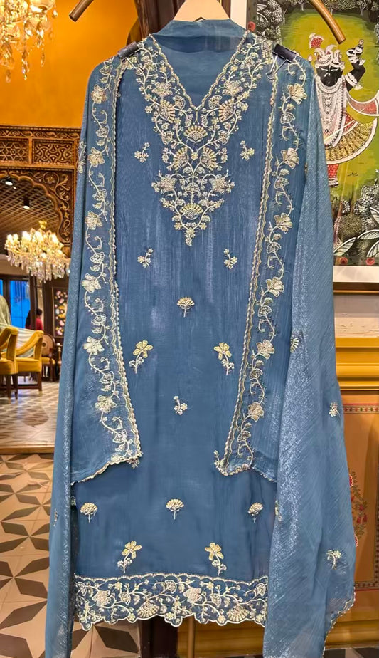 Parchaam Tissue Organza Suit (Blue)