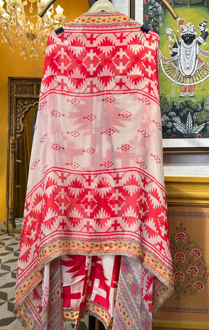 Zarmina Silk Suit (Ivory & Red)