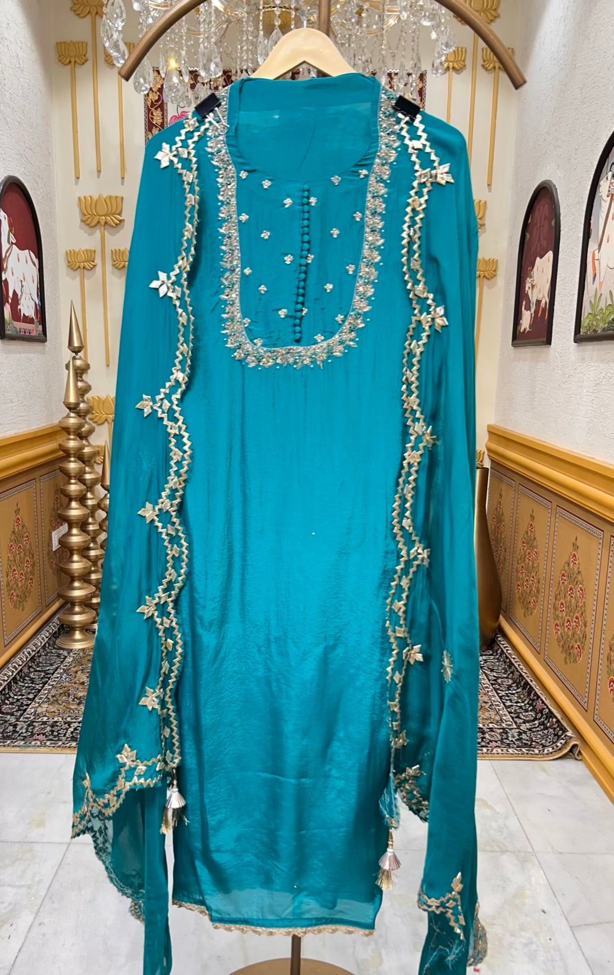 Elina Silk Organza Suit (Peacock Green)