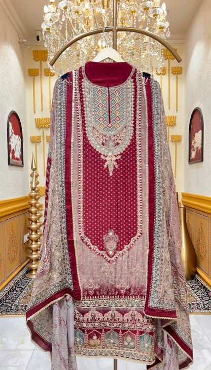 Zareenah Zari Flow Suit (Wine)