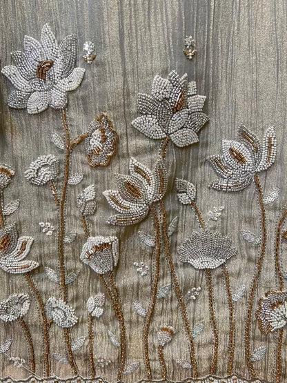 Mahroza Crushed Organza Suit (Silver Grey)