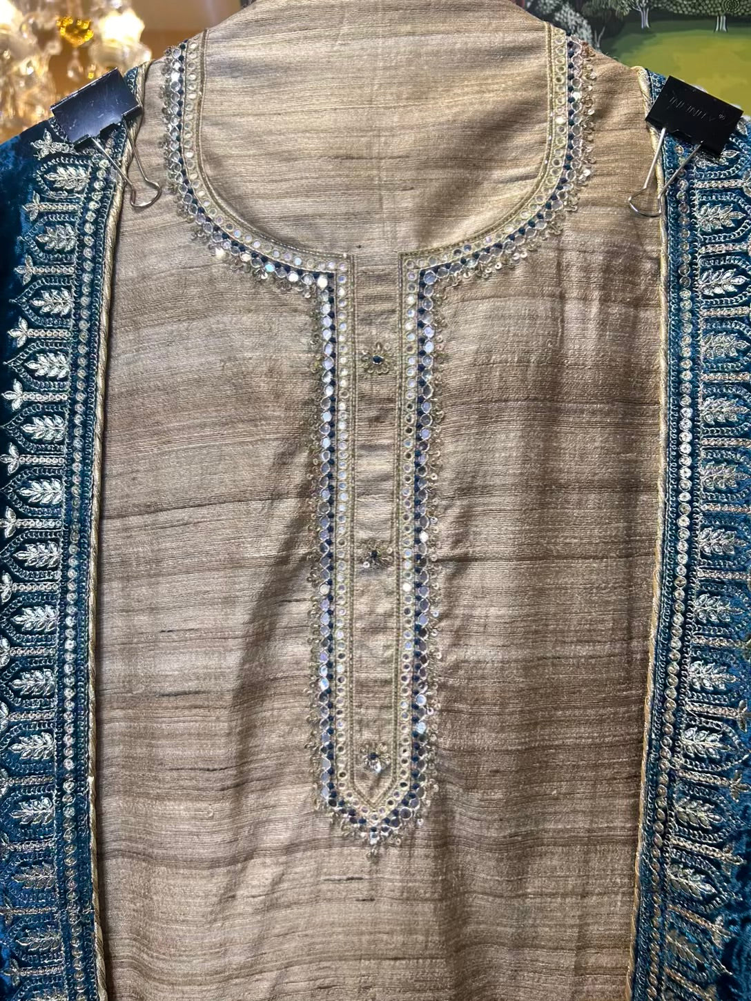 Zarmina Taser Suit (Beige & Peacock Blue)