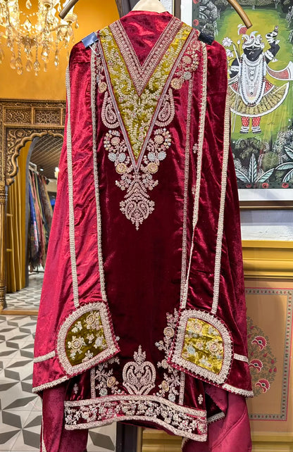 Ruhbaan Velvet Suit (Maroon)