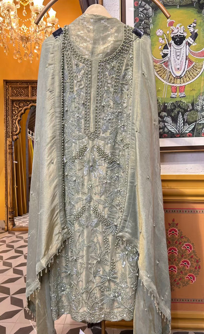 Rimzaan Organza Suit (Powder Green)
