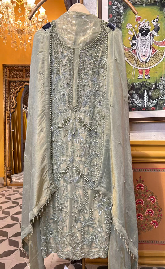 Rimzaan Organza Suit (Powder Green)