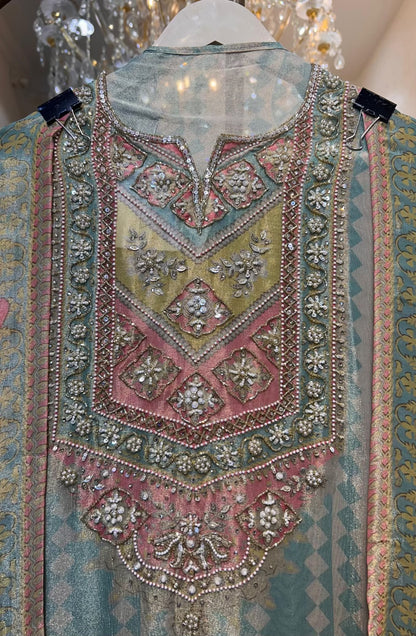 Zarmina Cutdana Élan Suit (Turquoise & Beige)