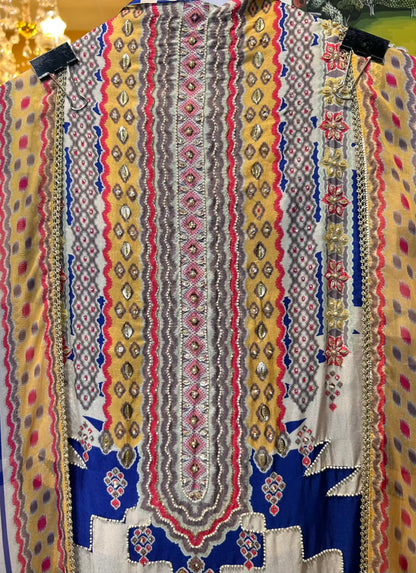 Zarmina Silk Suit (Ivory & Blue)