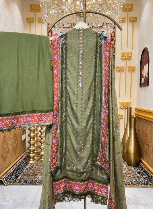 Elvaya Printed Pashmina Suit (Green)