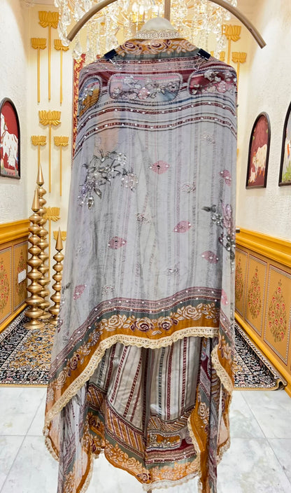 Nayra Silk Digital Printed Veil Suit (Rust)