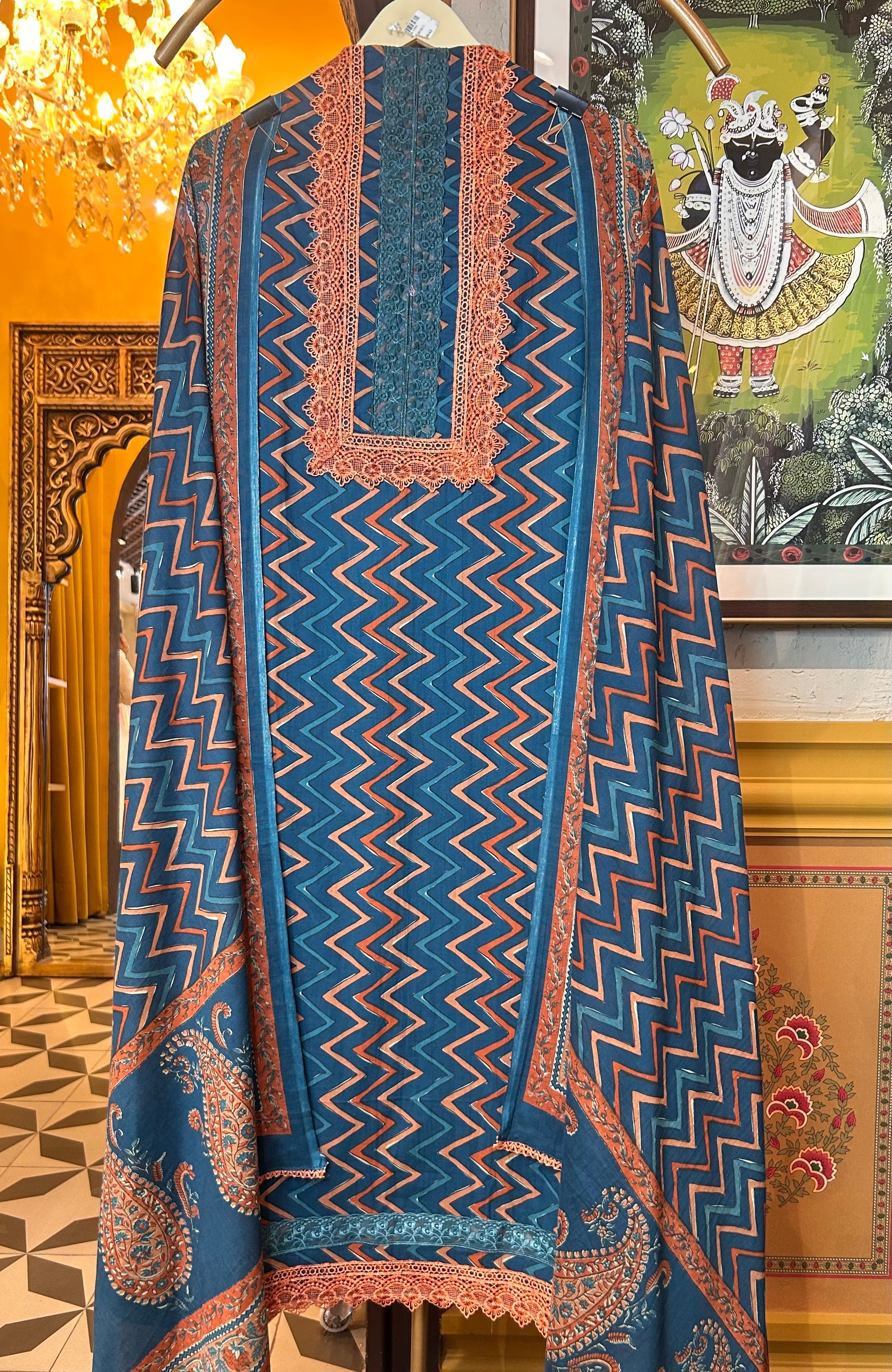 Pehra Cotton Suit (Peacock Blue)